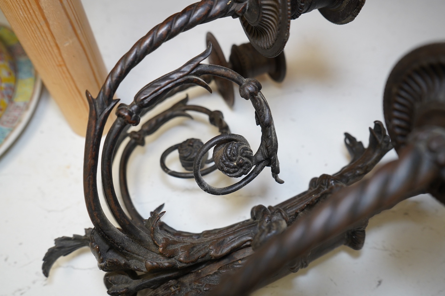 Two, three branch ornate metal sconces, tallest 46cm high. Condition - one has piece missing from the end